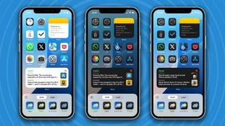 عدة أجهزة iPhone على خلفية زرقاء، يعرض كل منها طرقًا مختلفة لتحرير الشاشة الرئيسية في iOS 18.