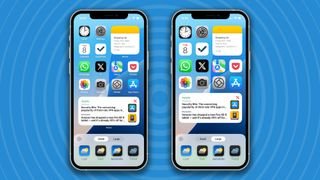 عدة أجهزة iPhone على خلفية زرقاء، يعرض كل منها طرقًا مختلفة لتحرير الشاشة الرئيسية في iOS 18.
