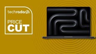 Space Black MacBook Pro M4 against a yellow TechRadar deals background