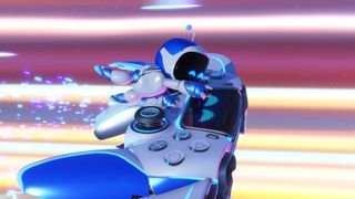 A screenshot of Astro on top of an Astro-themed DualSense controller from the game Astro Bot