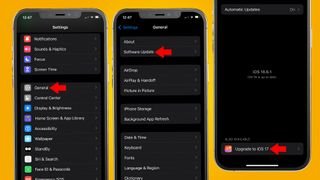 ثلاثة أجهزة iPhone تعرض عملية التثبيت لنظام iOS 17