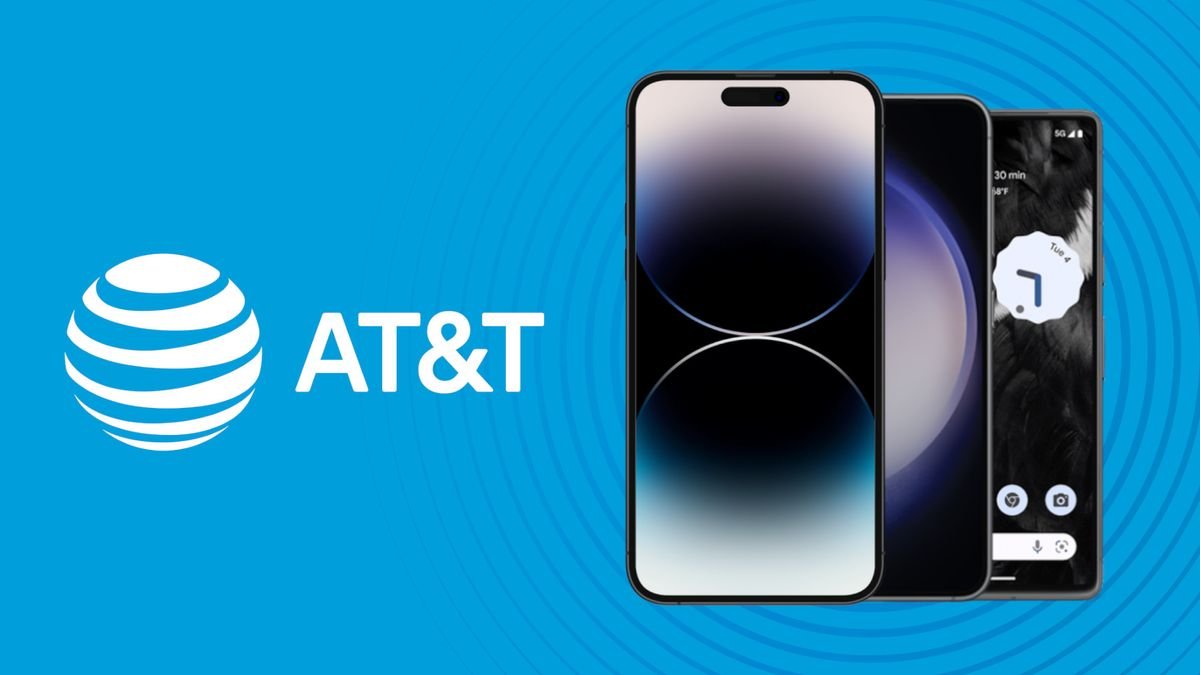 iPhone 14, Galaxy S23, and Google Pixel 7 on blue background with AT&T logo