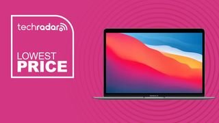 An Apple MacBook Air M1 against a TechRadar background with LOWEST PRICE badge