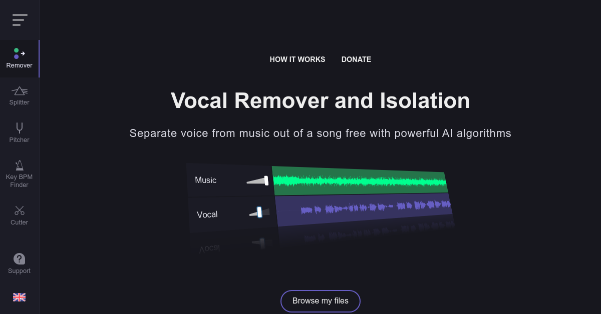 Vocalremover هو مزيل الصوت والعزل المشهور والمتخصص في فصل الموسيقى عن الصوت.