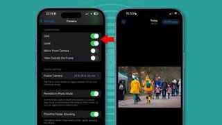 جهازي iPhone 16s على خلفية سماوية يظهران صفحة إعدادات الكاميرا ومعاينة الصورة
