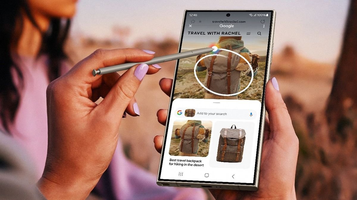 Le Samsung Galaxy S24 Ultra avec le S Pen dessiné, montrant la fonction Cercle pour rechercher