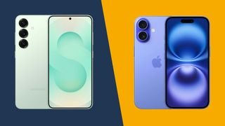 The Samsung Galaxy S25 and iPhone 16 against a blue and orange background