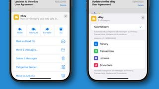تطبيق البريد يعمل على iOS ، مع فئات معروضة على الشاشة.