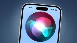 iPhone on a blue background showing the Siri logo