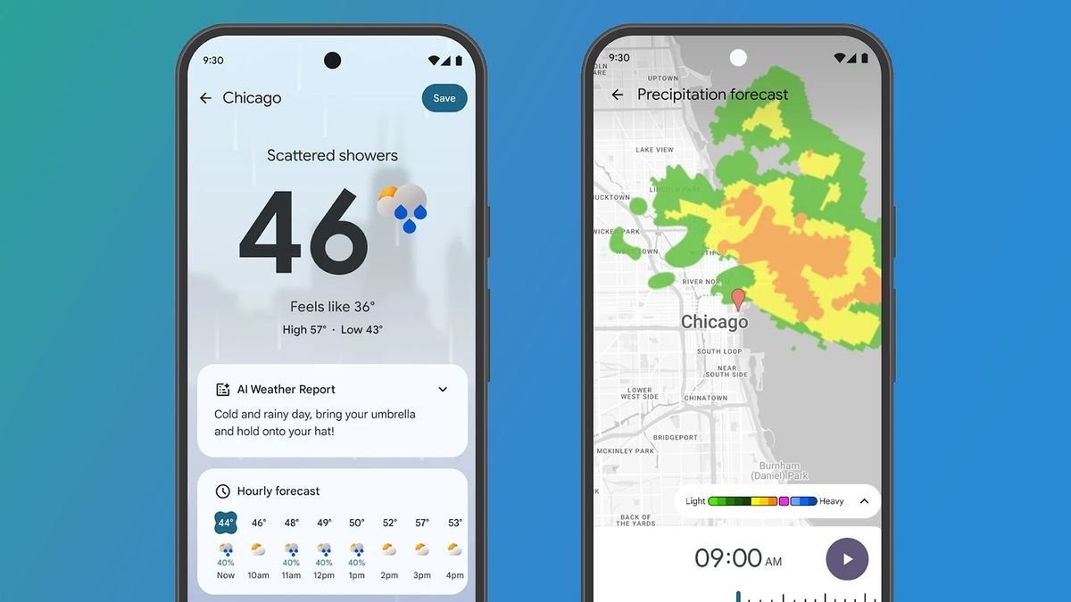 Two phones on a blue background showing the Pixel Weather app