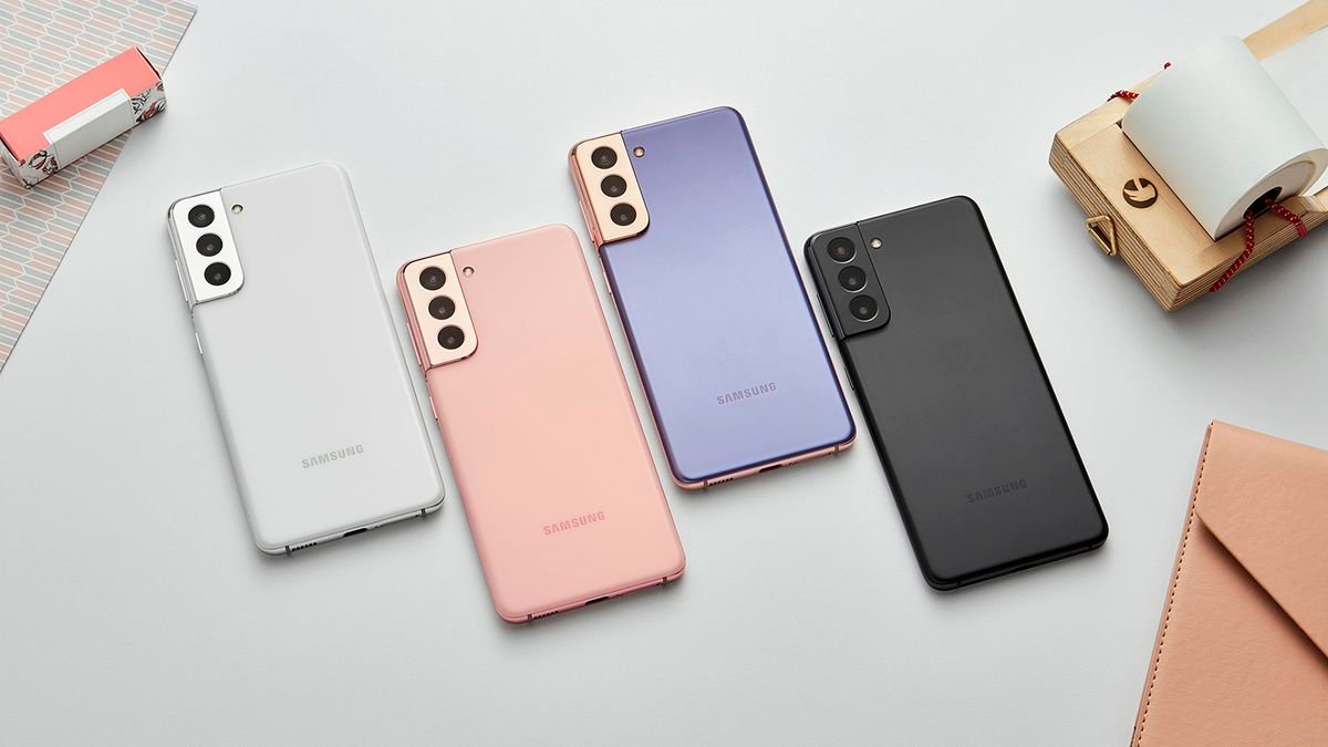 The Samsung Galaxy S21 series of phones lying face down.