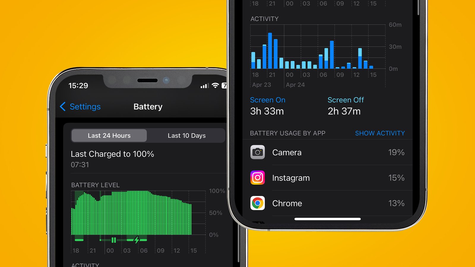 اثنين من أجهزة iPhone على خلفية برتقالية تظهر عمر بطارية iPhone