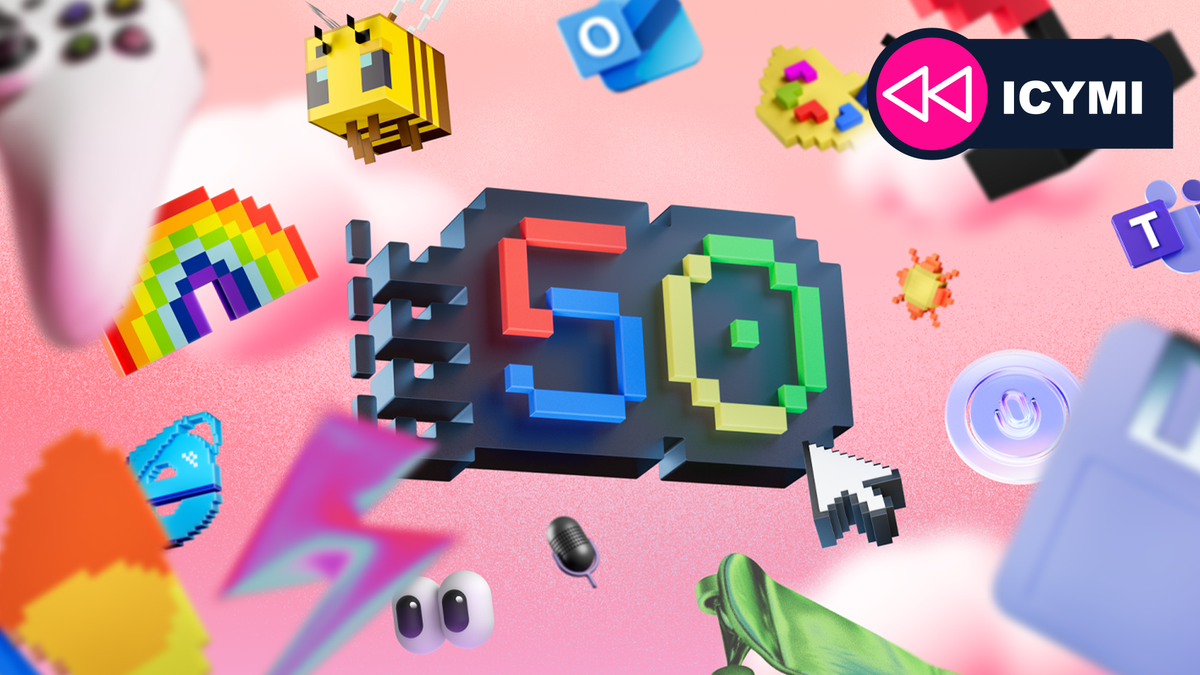 Microsoft's 50th birthday poster showing the number '50' in the original Windows logo surrounded by symbols of Internet Explorer, Teams, Paint, and more.