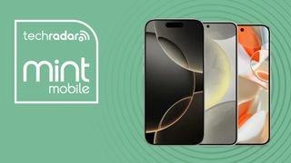 Apple iPhone 16 Pro و Samsung Galaxy S24 و Google Pixel 9 XL على خلفية خضراء مع شعار Mint Mobile