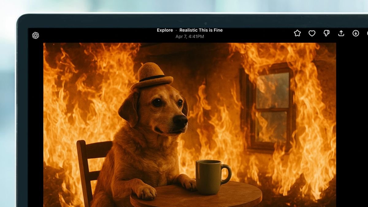 A laptop showing OpenAI Sora and a dog sitting at a table surrounded by fire