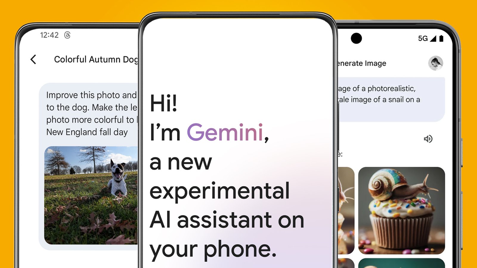 ثلاثة هواتف Android على خلفية برتقالية تُظهر تطبيق Google Gemini Android