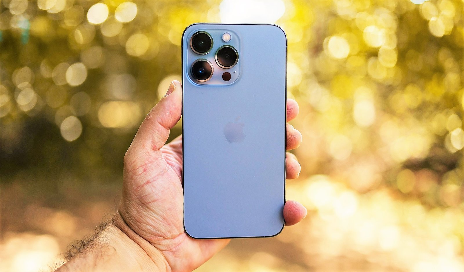 iPhone 13 Pro Max في Sierra Blue في متناول اليد على خلفية الطبيعة غير الواضحة