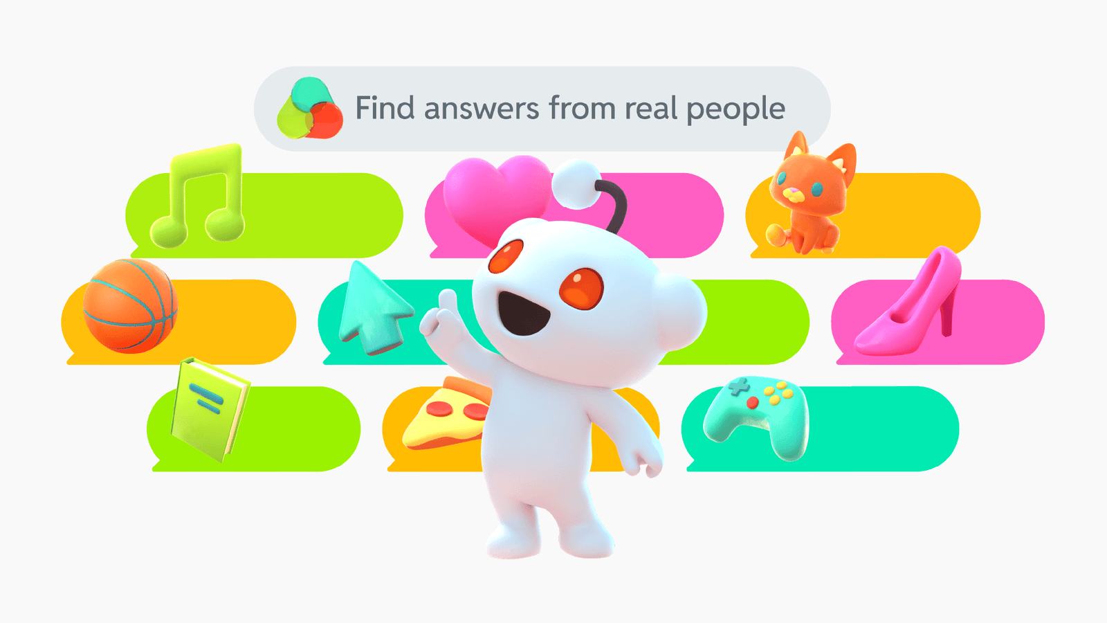 A Reddit press image for the launch of Reddit Answers of the Reddit mascot surrounded by little message icons