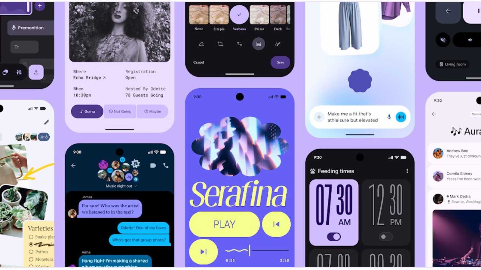 أمثلة لقطة شاشة Google للتصميمات التعبيرية للمواد 3 ، والتي تظهر ألوانًا جديدة وخطوطًا وأشكالًا وتأثيرات الحركة