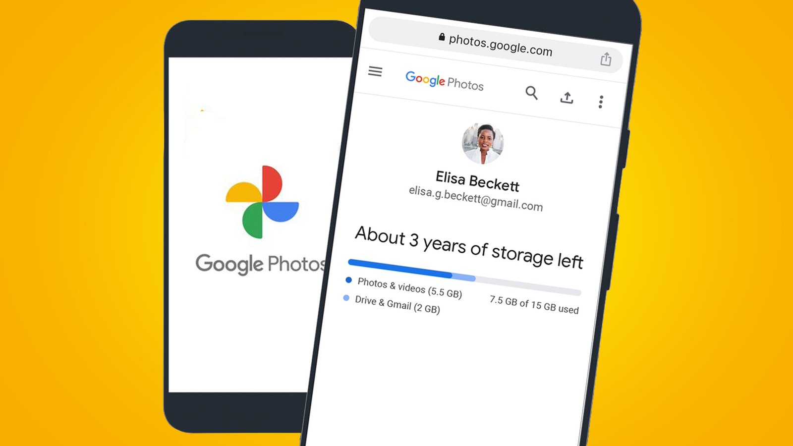 Google Photos interface displayed on two phones on a yellow background