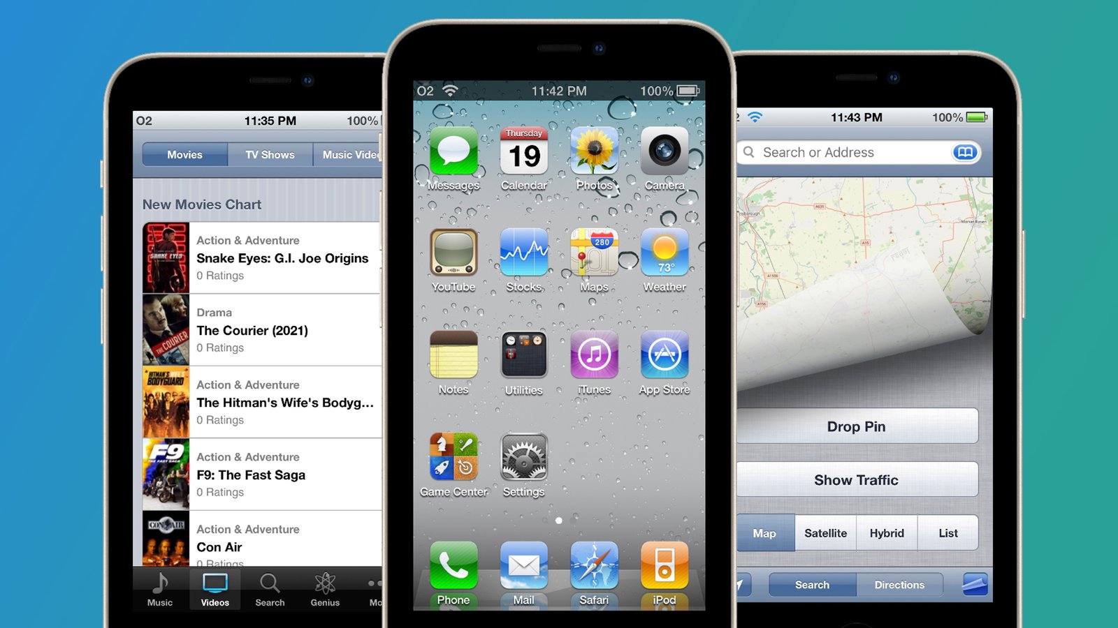 ثلاثة أجهزة iPhone على خلفية زرقاء وخضراء تعمل iOS 4