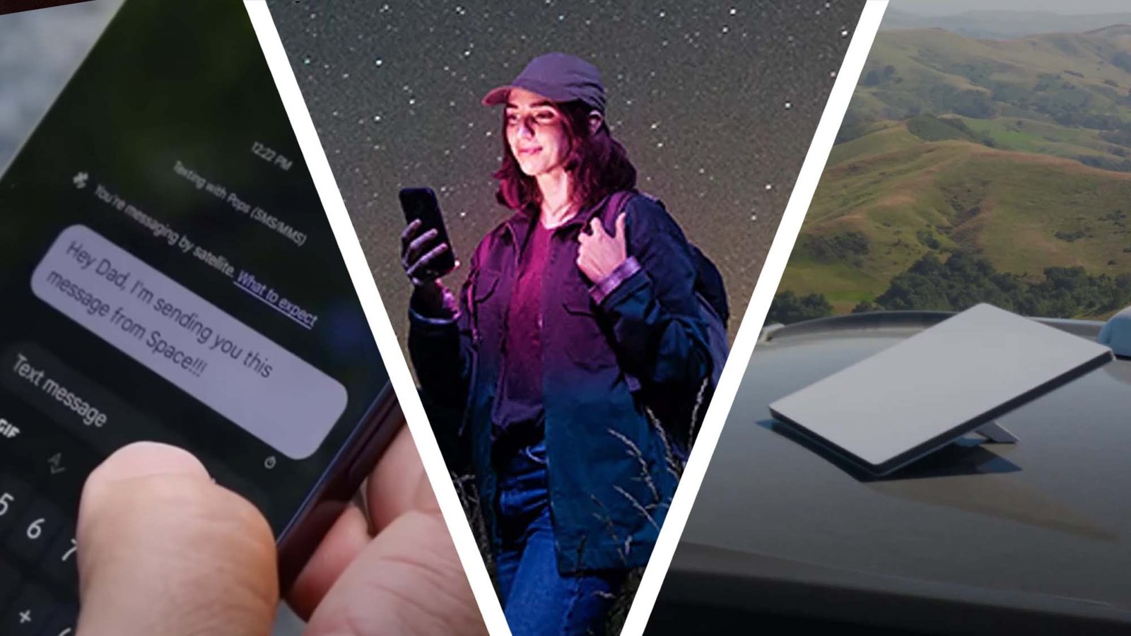 رجل يكتب رسالة في هاتف ، بجانب امرأة تمشي في البرية تتحدث على هاتفها ، بجانب سيارة Starlink Mini