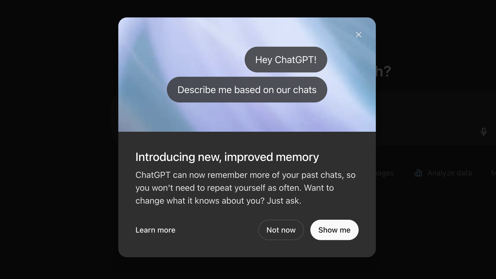 لقطة شاشة من ميزة ذاكرة ChatGpt الجديدة المنبثقة
