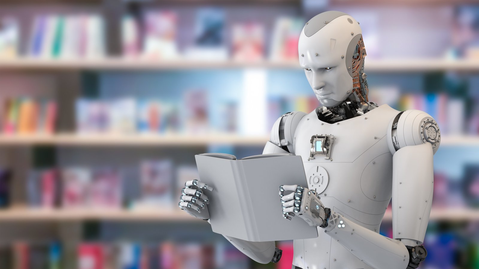Android البشري يقف في مكتبة ، قراءة كتاب.