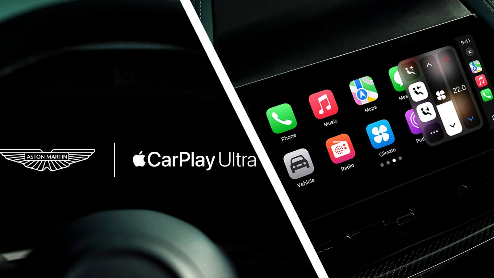 عجلة قيادة وداخلية لسيارة أستون مارتن التي تعرض Apple Carplay Ultra
