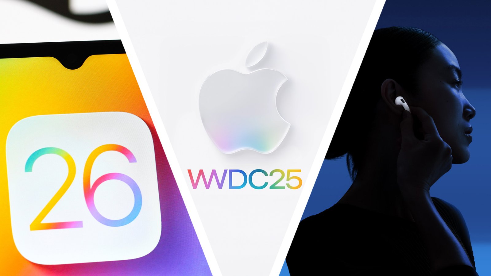 نموذج لتسخير iOS 26 على هاتف بجوار شعار Apple WWDC 2025 وامرأة ترتدي AirPods