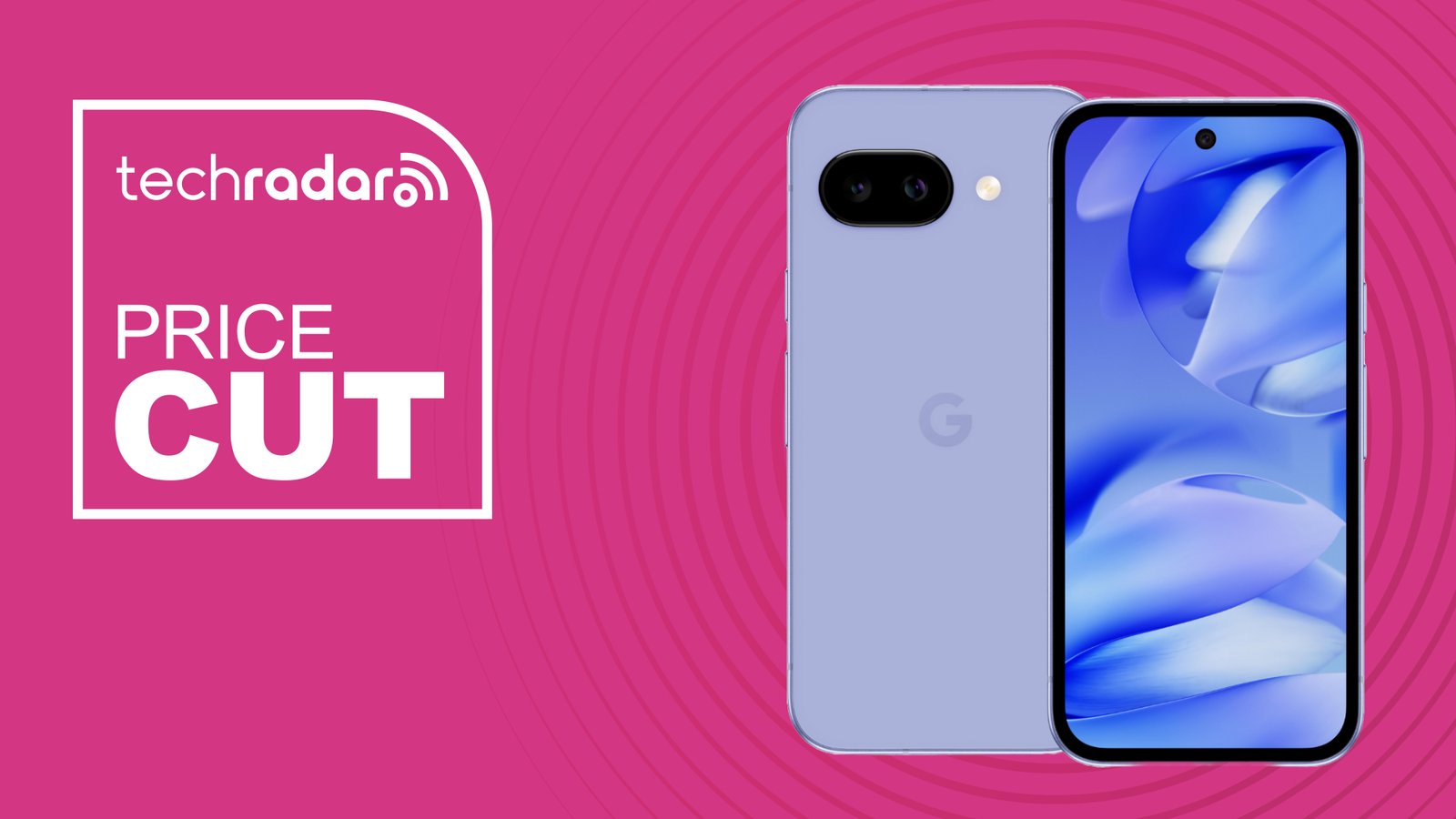 Google Pixel 9a على خلفية وردية. يقرأ النص: خفض الأسعار