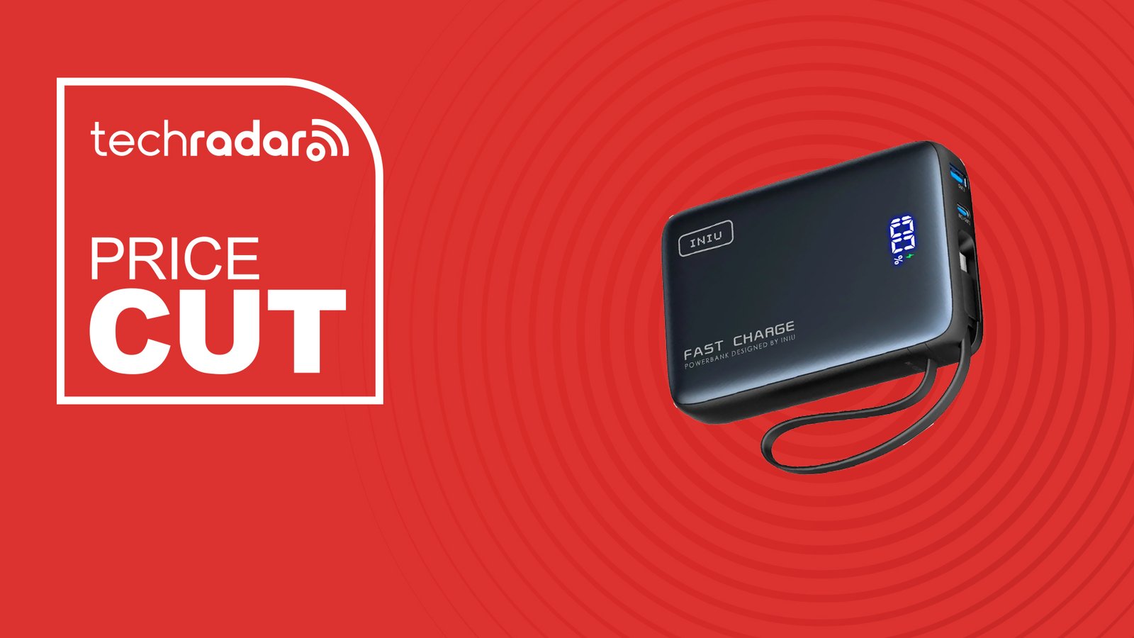 Iniu Pocket Power Bank مع سلك USB-C المرفق على لافتة أسعار Red TechRadar