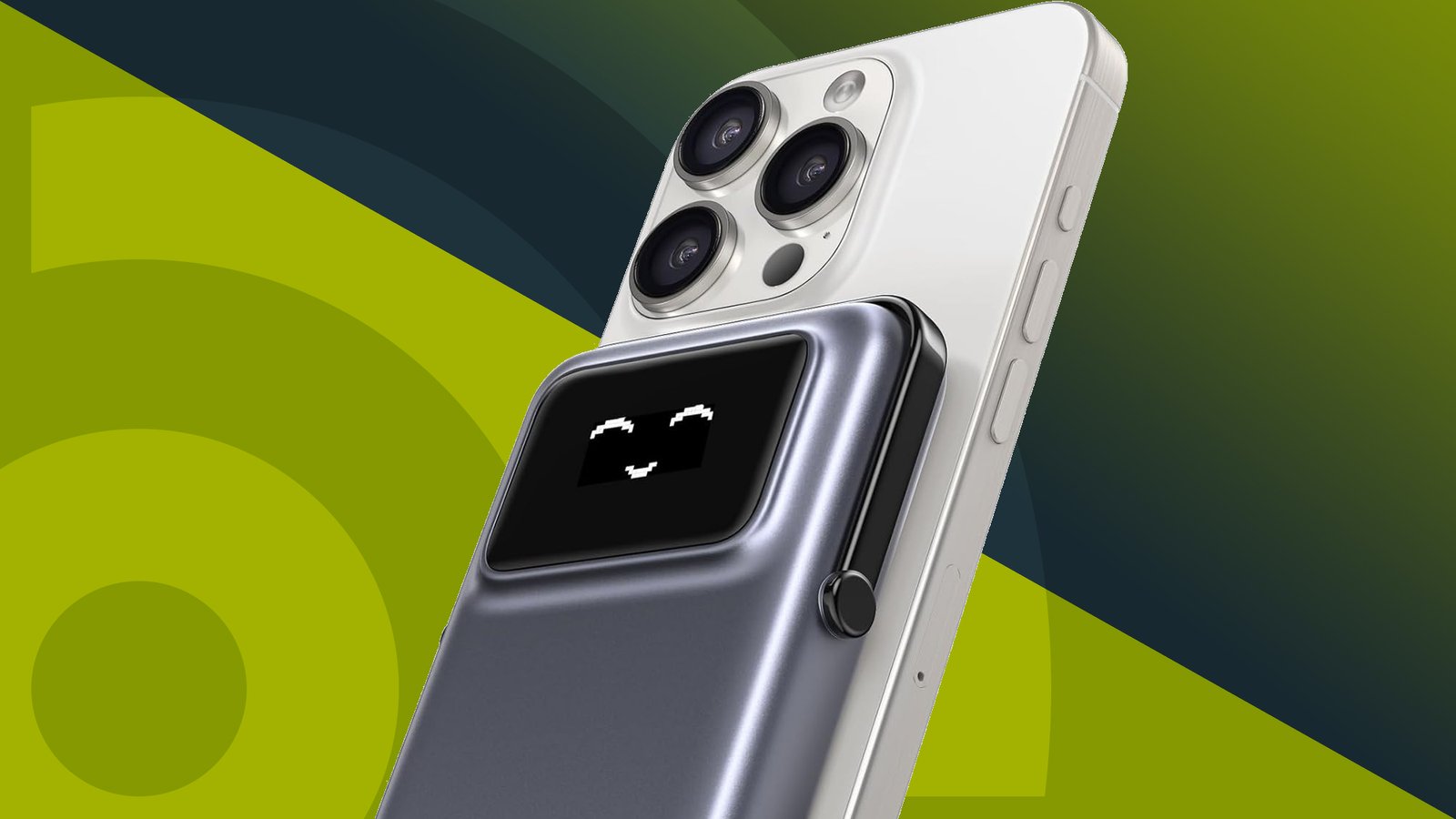 Ugreen Uno Magnetic Power Bank على iPhone 16 Pro مع رموز تعبيرية مبتسم على شاشة العرض الرقمية