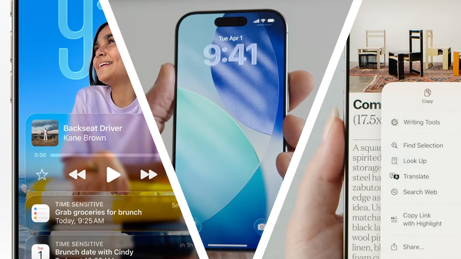 ثلاث صور لأجهزة iPhone التي تعمل على تشغيل iOS 26 مع المواد الزجاجية السائلة