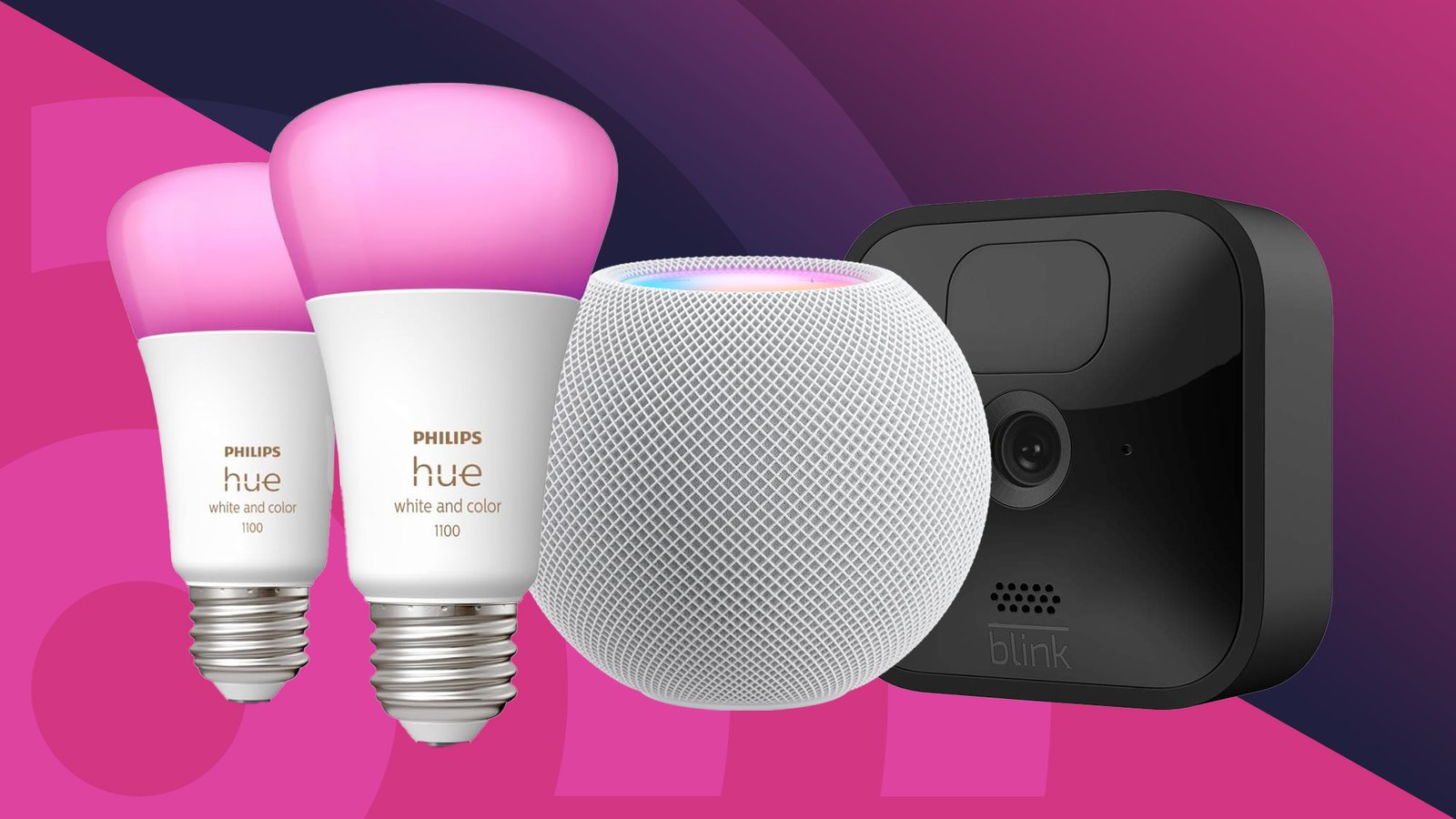 Philips Hue Lightbulbs و Apple HomePod Mini Speaker و Blink Security Camera على خلفية أرجوانية