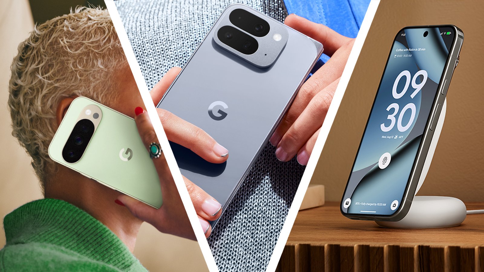 امرأة تحمل بكسل 10 برو على أذنها ، بجانبها ، تحمل هاتف Google Pixel 10 ، وهاتف آخر بكسل على حامل