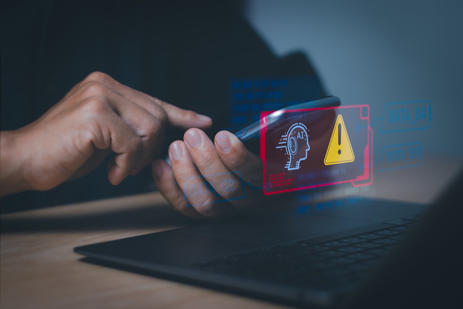 يعرض المستخدمون تحذيرات حول استخدام الذكاء الاصطناعي (AI) ، أو الوصول إلى البرامج الضارة أو التهديدات للمتسللين عبر الإنترنت. كمبيوتر مفهوم تحذير الأمن السيبراني أو عملية احتيال التكنولوجيا.